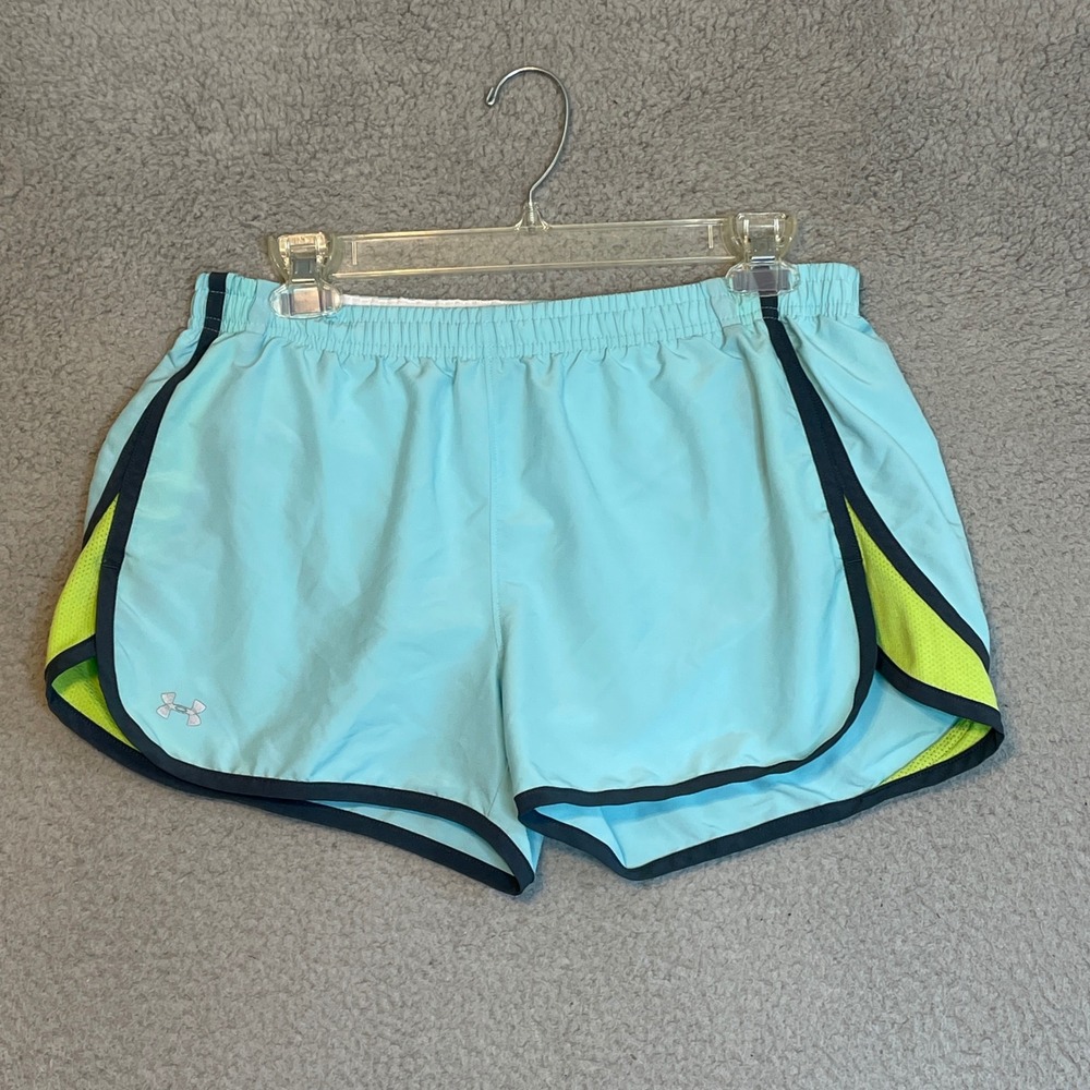 Under Armour Running Shorts Size M Aqua Blue Neon Yellow Trim Athletic Womens